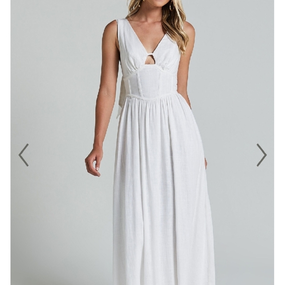 Amalie The Label, Chamika Linen Blend Bustier Double Tie Back Midi Dress, White